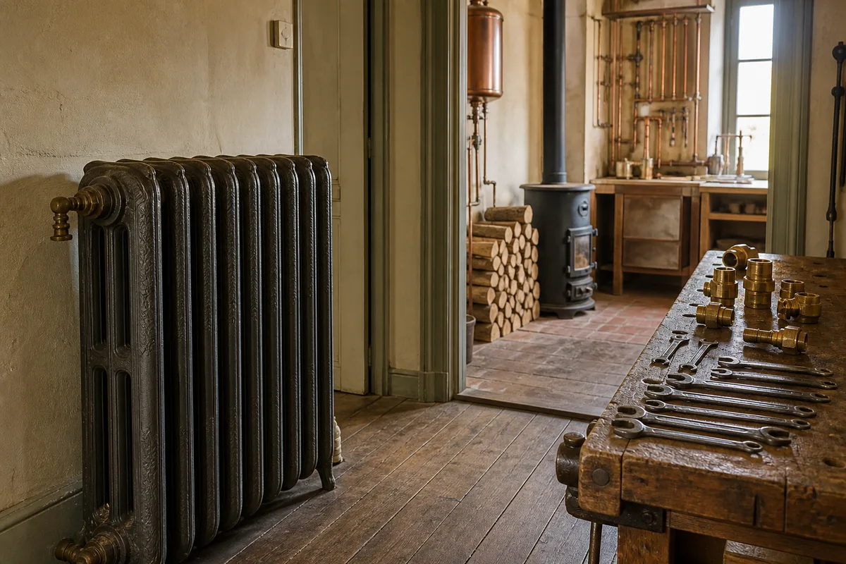 Radiateur en fonte ancien dans le couloir d&rsquo;une maison de bourg picarde