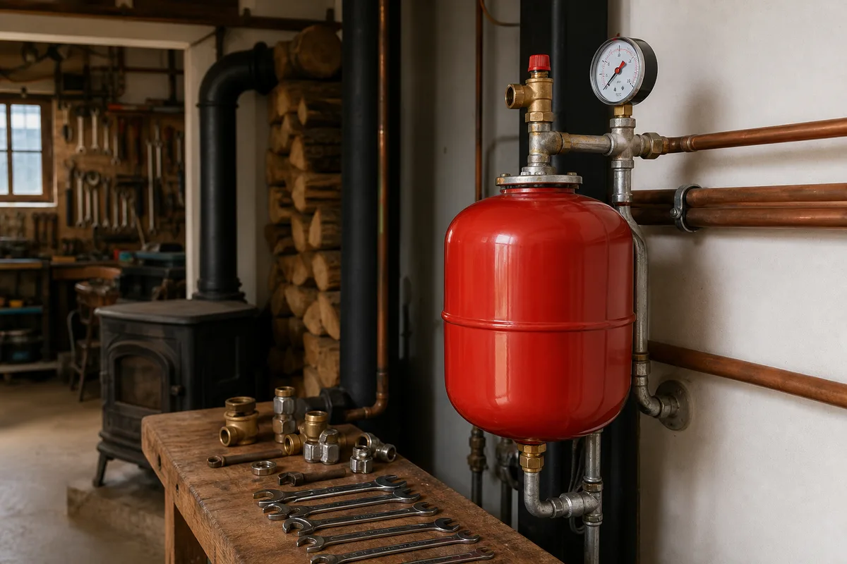 Vase d&rsquo;expansion et manomètre de circuit de chauffage dans un local technique