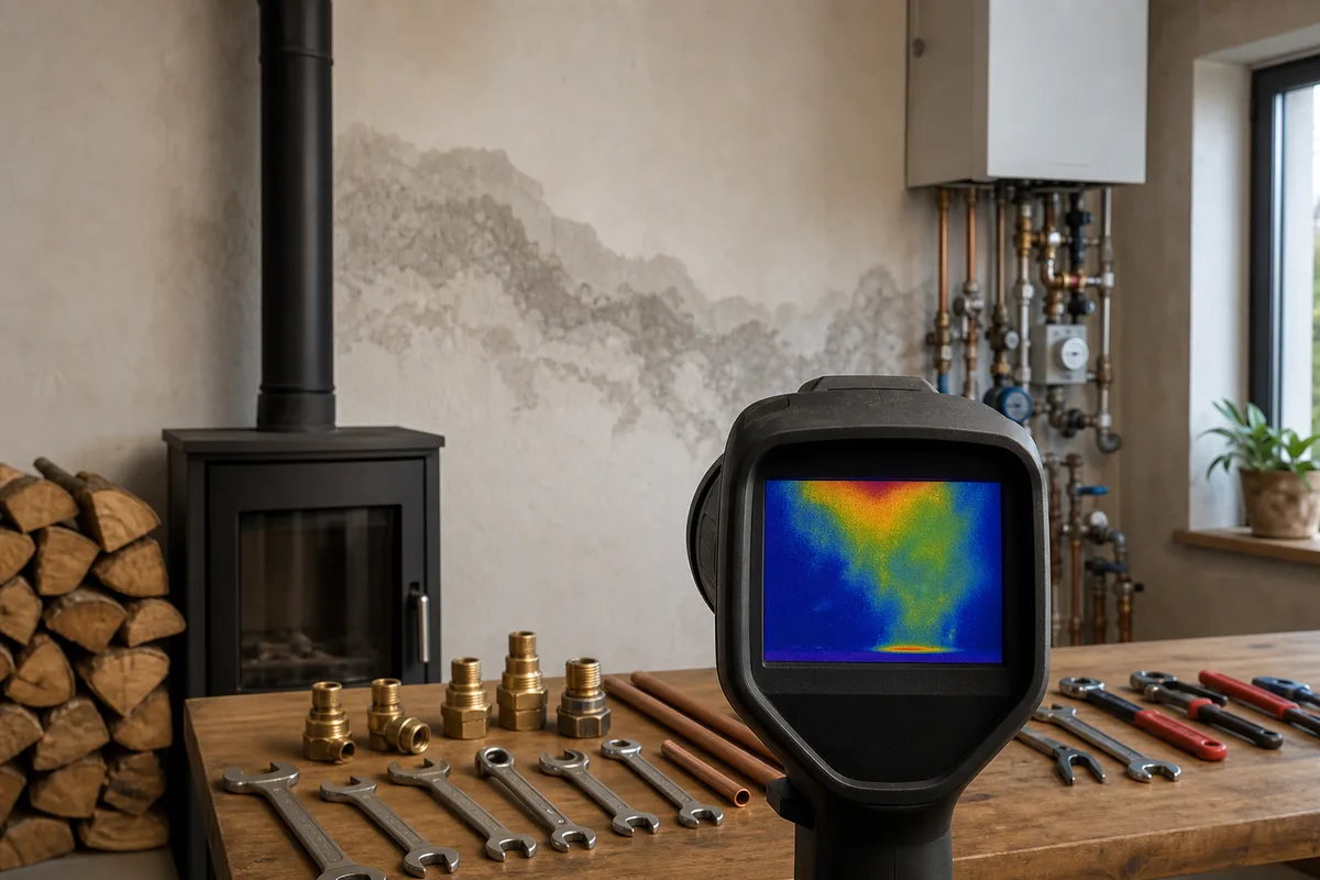 Caméra thermique révélant une trace d’humidité sur un mur intérieur