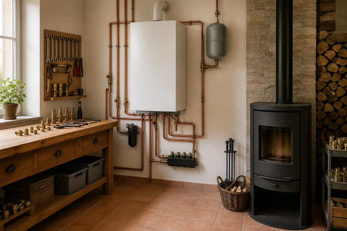Chaufferie domestique vue en coupe, chaudière murale et circuit de distribution d'eau chaude dans une maison picarde en brique