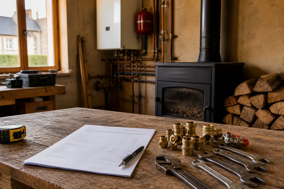Devis de plomberie posé sur une table avec un stylo et un mètre ruban