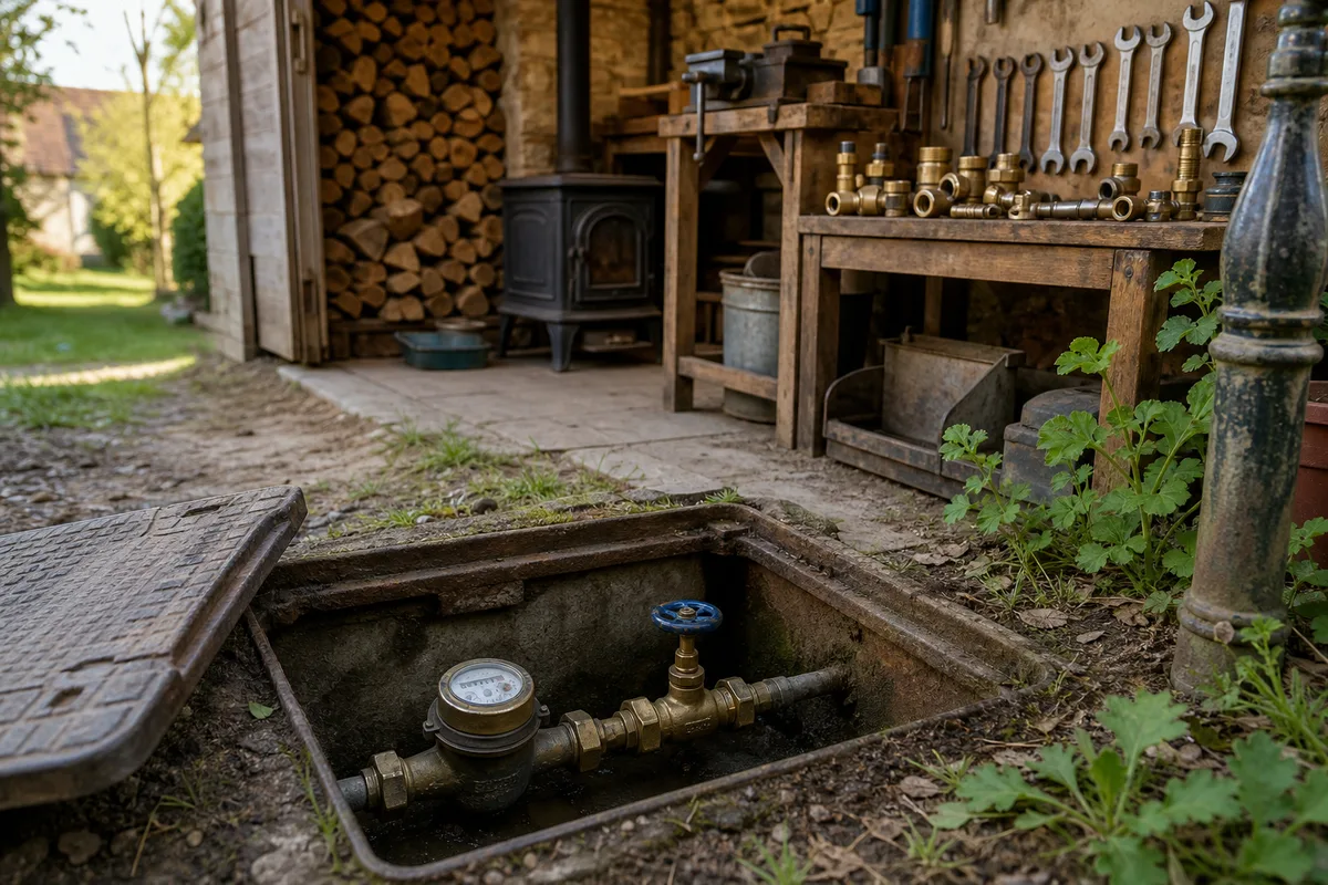 Compteur d&rsquo;eau et vanne d&rsquo;arrêt général dans un regard de jardin
