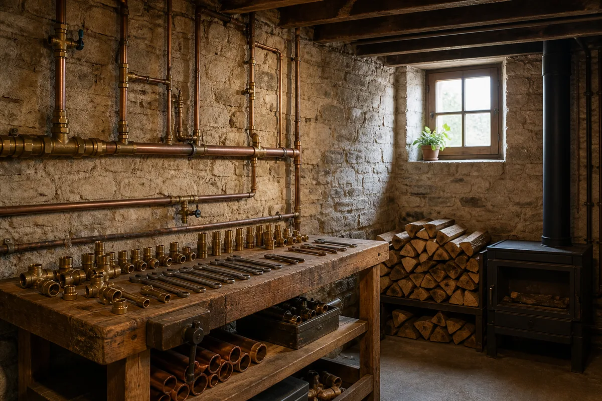 Anciennes canalisations en cuivre apparentes dans une cave de maison ancienne