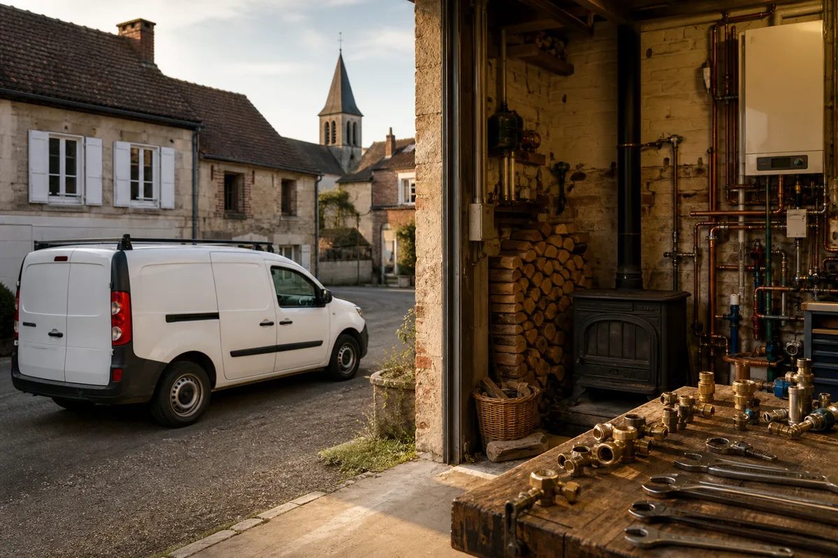 Fourgon d&rsquo;artisan stationné devant une maison de village picard