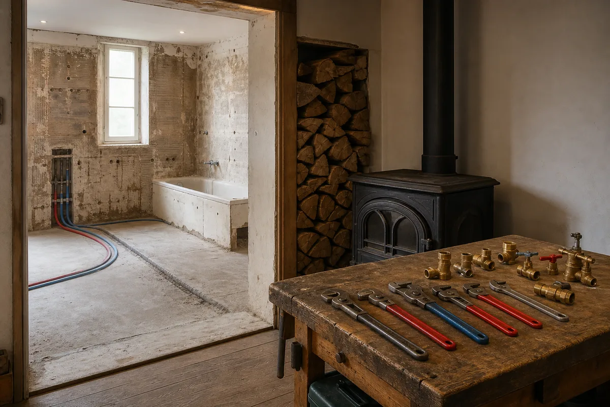 Salle de bains en cours de dépose avec anciens carreaux retirés