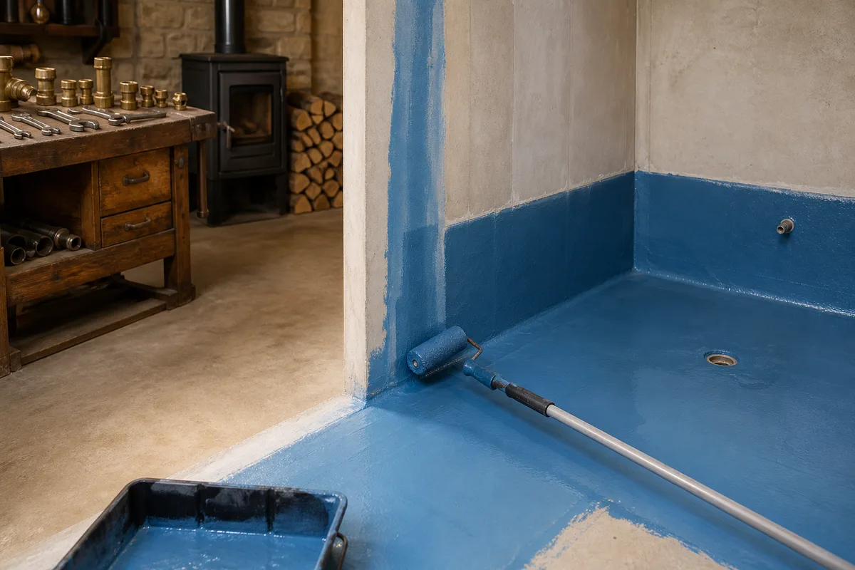 Application d’un système d’étanchéité liquide bleu avant pose du carrelage