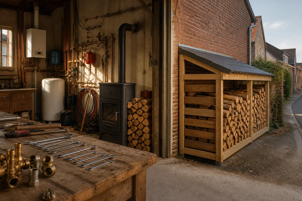 Abri à bois ventilé adossé au pignon en brique d’une maison de bourg